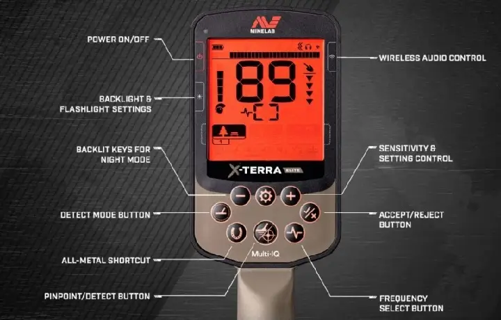Pantalla LCD de X-Terra Elite que muestra datos de detección